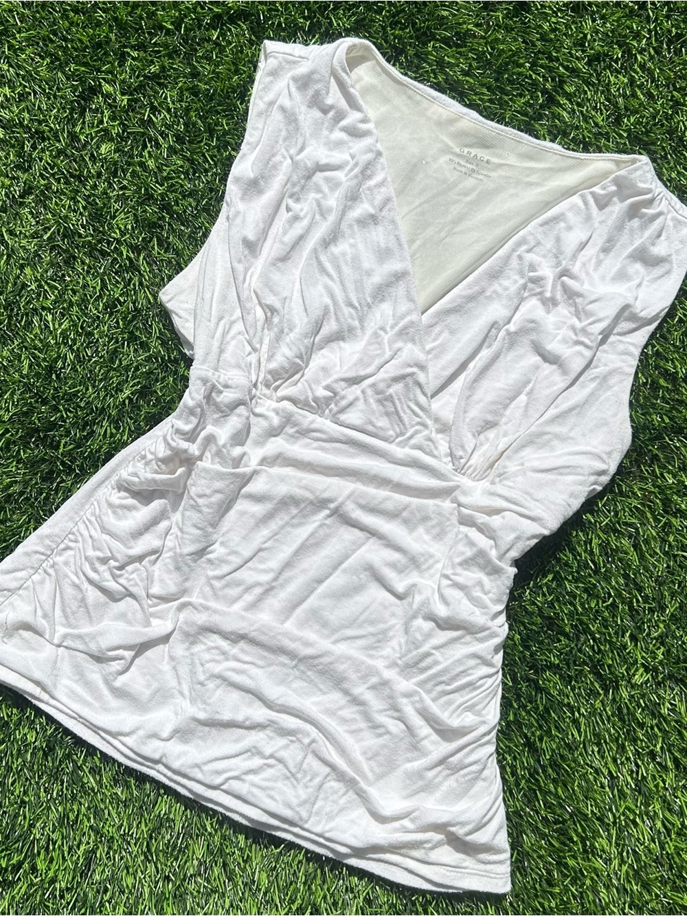 white grace babydoll tank v neck cinched waist wrap illusion
